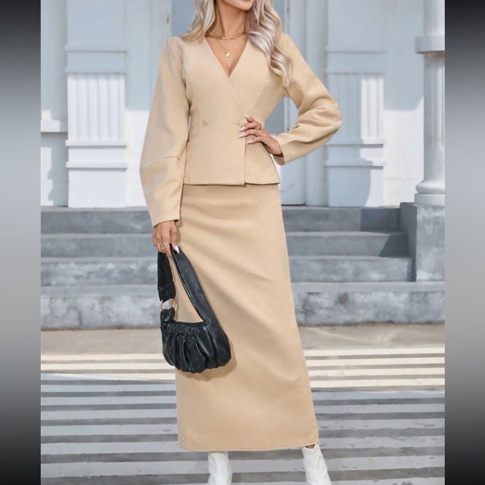 2 piece matching coord set- Double Breasted Tweed Overcoat & Split Back Skirt